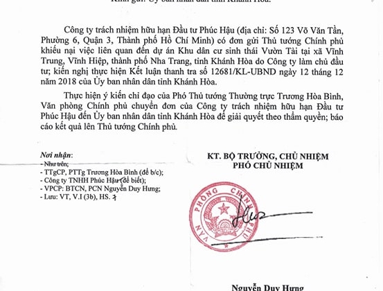Phó Thủ tướng Thường trực Trương Hòa Bình yêu cầu UBND tỉnh Khánh Hoa báo cáo vụ Dự án Vườn Tài