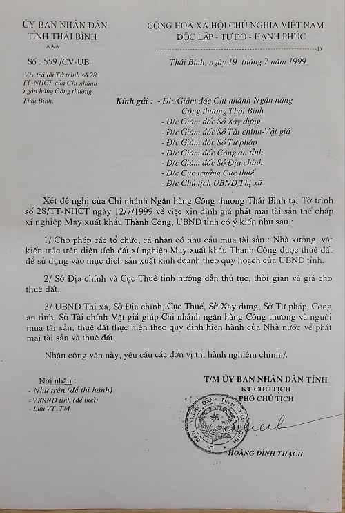 UBND tỉnh Thái Bình cũng có công văn cho phép phát mại tài sản khi chưa có phán quyết của tòa