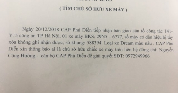 Hà Nội: Công an phường Phú Diễn thông báo tìm chủ chiếc xe bị mất