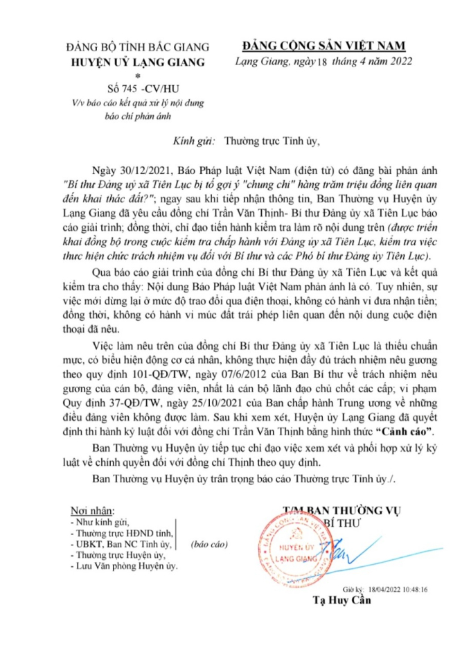 Báo cáo của Huyện uỷ Lạng Giang gửi Thường trực Tỉnh Uỷ tỉnh Bắc Giang khẳng định nội dung Báo Pháp luật Việt Nam phản ánh là có và thi hành kỷ luật ông Trần Văn Thịnh bằng hình thức Cảnh cáo.