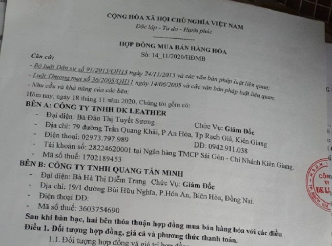 Hợp đồng mua bán hàng hóa giữa Công ty TNHH DK Leather và Công ty TNHH Quang Tấn Minh.