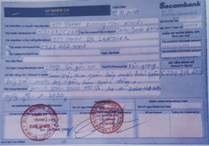 Giấy chuyển tiền thanh toán cho hợp đồng mua bán số 14_11/2020/HĐMB của Công ty TNHH Quang Tấn Minh.