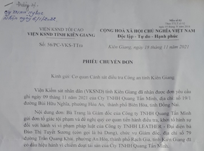 Phiếu chuyển đơn của Viện Kiểm sát nhân dân tỉnh Kiên Giang.