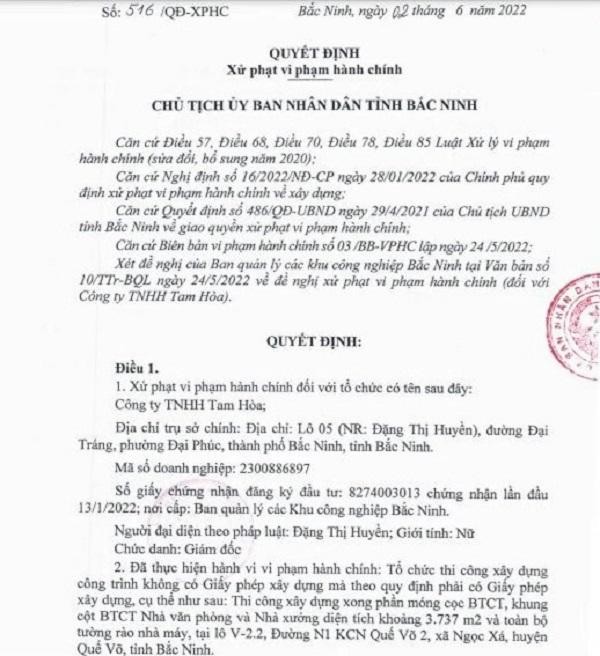 Quyết định xử phạt của UBND tỉnh Bắc Ninh.