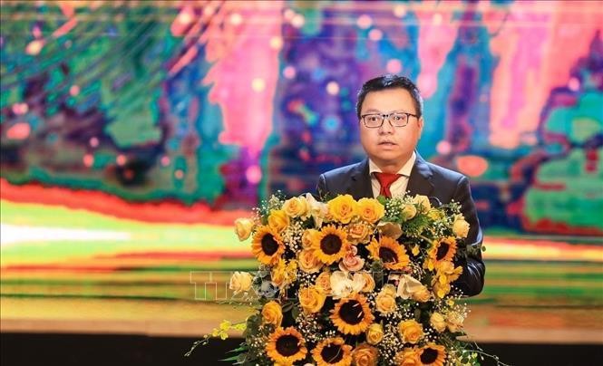 Chủ tịch Hội Nhà báo Việt Nam, Tổng Biên tập báo Nhân Dân Lê Quốc Minh phát biểu. Ảnh: Tuấn Anh/TTXVN