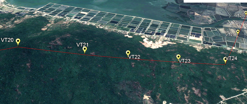 Vị trí các cột của Đường dây 500 kV Vân Phong - Vĩnh Tân từ vệ tinh.