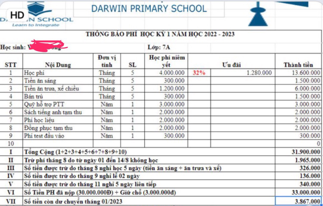 Thông báo đóng học phí lớp 7 của Trường Liên cấp Darwin gửi đến chị H