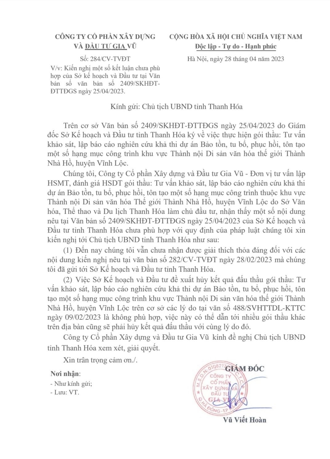 Công văn số 284/CV-TVĐT ngày 28/02/2023 của Cty Gia Vũ gửi Chủ tịch UBND tỉnh Thanh Hóa.
