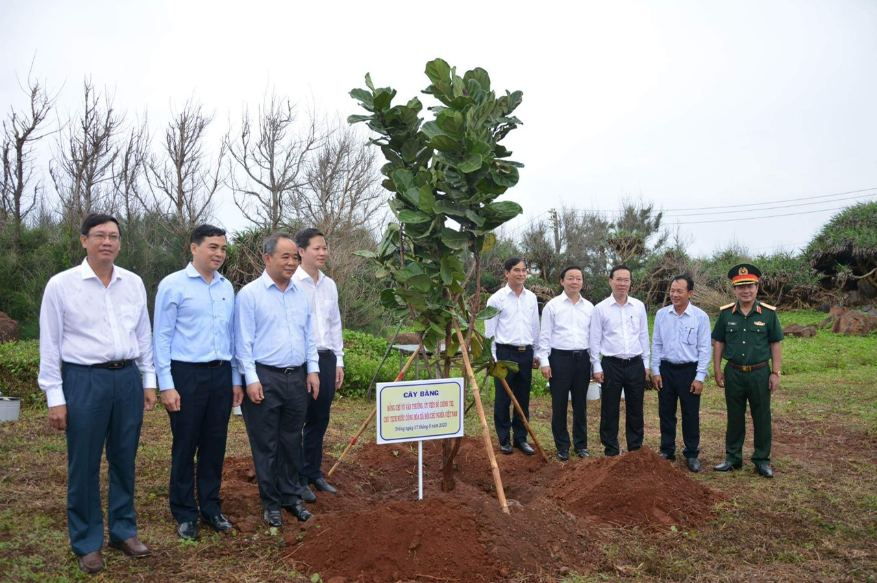 Chủ tịch nước cùng đoàn công tác trồng cây bàng vuông lưu niệm tại cột cờ đảo Phú Quý.