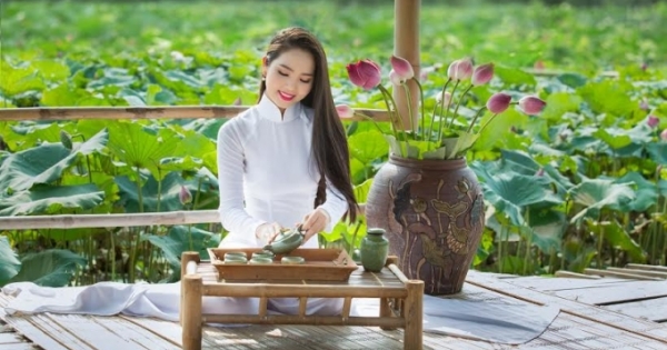 Hoa hậu Dương Kim Ánh đẹp thuần khiết bên hoa sen