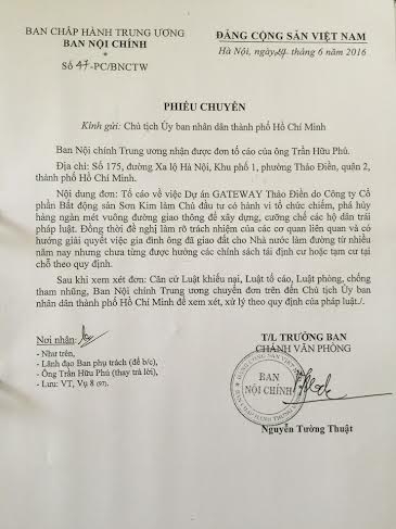 Ban nội ch&iacute;nh TW chuyển văn bản tố c&aacute;o C&ocirc;ng Ty Sơn Kim tới UBND TP HCM