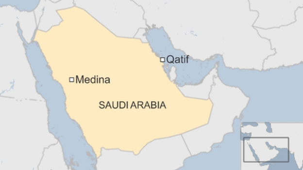 Vị tr&iacute; 2 nh&agrave; thờ của Ả Rập Saudi bị đ&aacute;nh bom. (Đồ họa: BBC)