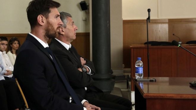 Messi v&agrave; cha trong phi&ecirc;n điều trần trước t&ograve;a &aacute;n hồi đầu th&aacute;ng 6/2016. (Ảnh: Getty Images)