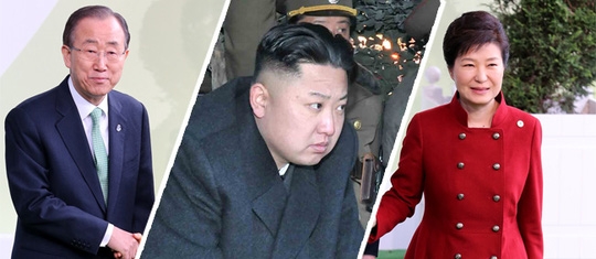&Ocirc;ng Ban Ki-moon, l&atilde;nh đạo Kim Jong-un v&agrave; b&agrave; Park Geun-hye. (Ảnh: Koreatimes)