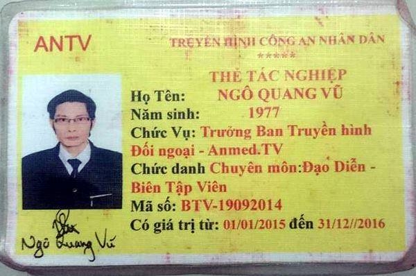 Thẻ t&aacute;c nghiệp mang t&ecirc;n Ng&ocirc; Quang Vũ của Đ&agrave;i truyền h&igrave;nh ANTV (CAND).