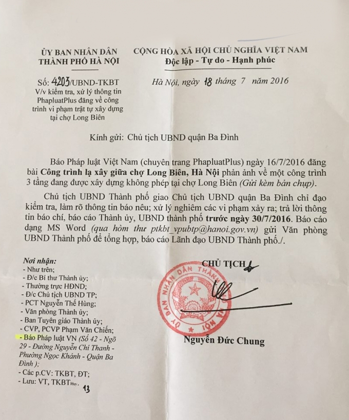 C&ocirc;ng văn của Chủ tịch TP H&agrave; Nội Nguyễn Đức Chung.