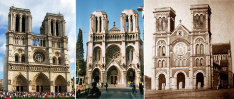 Từ tr&aacute;i qua l&agrave; c&aacute;c nh&agrave; thờ Đức B&agrave; ở Paris, ở Nice, ở S&agrave;i G&ograve;n (trước năm 1895) với những n&eacute;t tương đồng nhất định