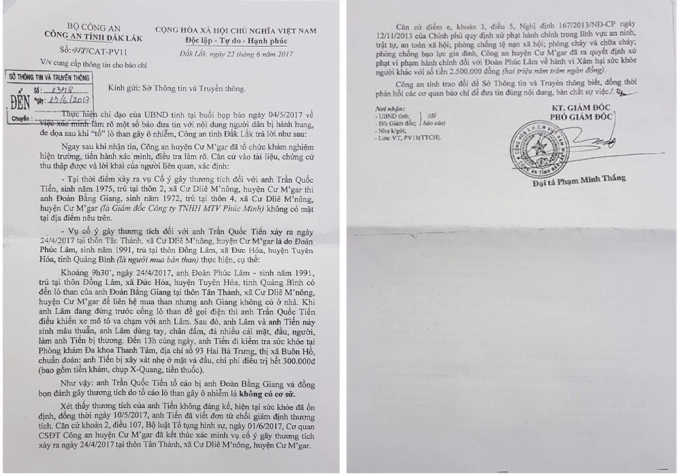 Văn bản số 488/CAT-PV11- kết luận của C&ocirc;ng an tỉnh Đắk Lắk về vụ việc.