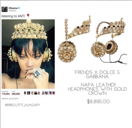 Rihanna c&ograve;n thể hiện độ s&agrave;nh điệu của m&igrave;nh kh&ocirc;ng thua k&eacute;m bất cứ ai khi sở hữu chiếc tai nghe đ&iacute;nh kim cương của Dolce &amp;amp;amp; Gabbana với gi&aacute; 8.895 USD (gần 205 triệu đồng).