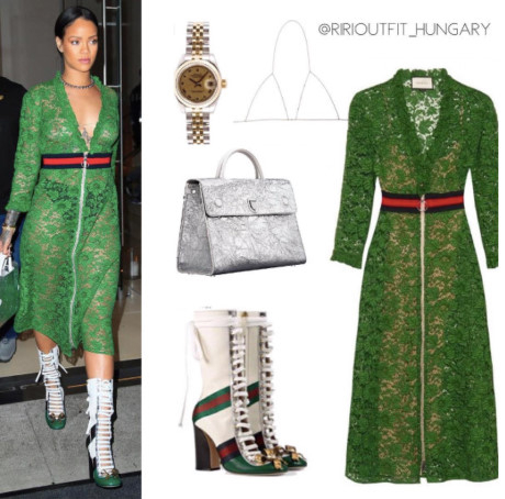 Gucci l&agrave; một trong những thương hiệu y&ecirc;u th&iacute;ch của Rihanna. Xuất hiện trong một sự kiện thảm đỏ, nữ ca sĩ diện set đồ gam m&agrave;u xanh từ nh&agrave; mốt &Yacute; v&agrave; phụ kiện đến từ thương hiệu Dior.