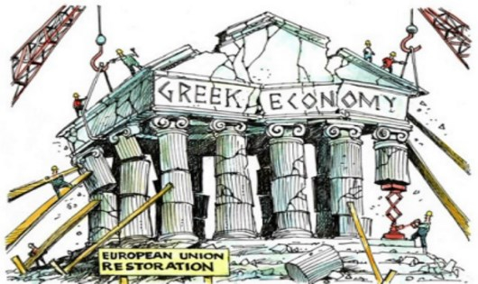 Một bức tranh biếm họa t&igrave;nh trạng kinh tế rất mong manh của Hy Lạp