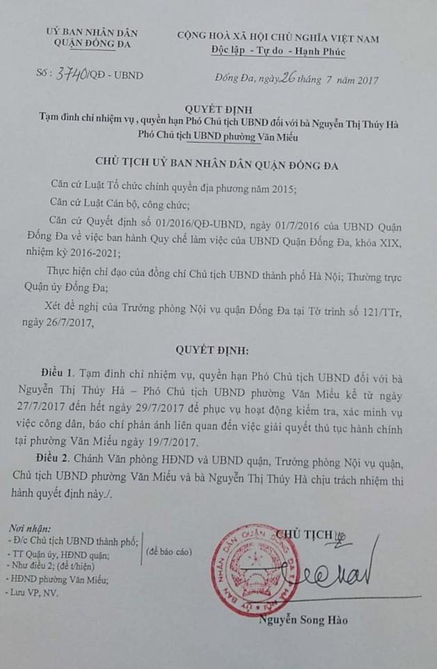 Quyết định đ&igrave;nh chỉ 3 ng&agrave;y đối với Ph&oacute; chủ tịch phường Văn Miếu.