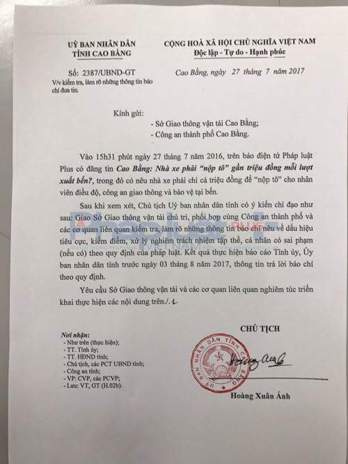 C&ocirc;ng văn chỉ đạo của Chủ tịch UBND tỉnh Cao Bằng.