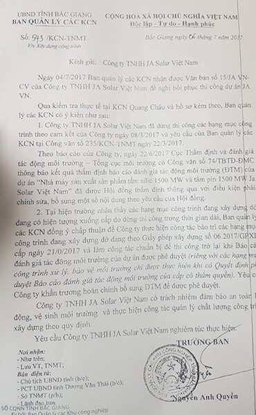 Những văn bản m&agrave; BQL c&aacute;c Khu c&ocirc;ng nghiệp tỉnh Bắc Giang đồng &yacute; cho chủ đầu tư JA Solar Việt Nam x&acirc;y dựng.