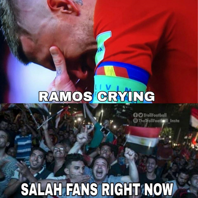 Fan của cầu thủ Ai Cập Salah vui mừng trước thất bại của Ramos. C&oacute; lẽ họ vẫn chưa qu&ecirc;n được c&uacute; kh&oacute;a tay dẫn đến chấn thương nặng m&agrave; anh đ&atilde; g&acirc;y ra cho Salah tại chung kết c&uacute;p C1. Ảnh:&nbsp;Troll Football.