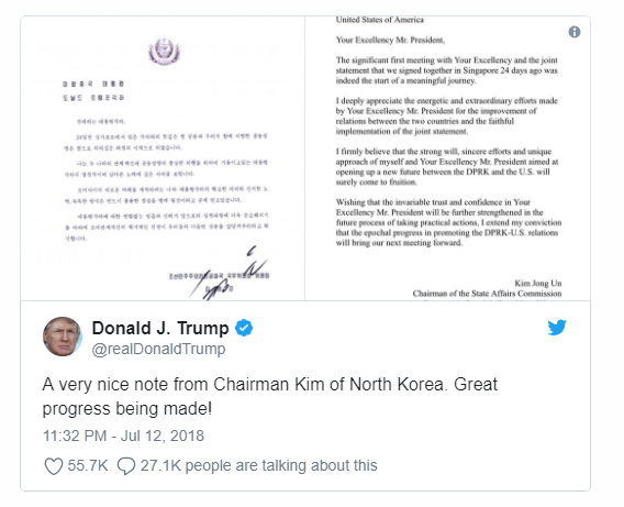 Tổng thống Trump c&ocirc;ng bố thư từ nh&agrave; l&atilde;nh đạo Kim Jong-un tr&ecirc;n Twitter. (Ảnh: Twitter)