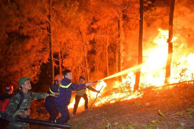 Lực lượng cứu hộ cùng nhân dân chữa cháy rừng tại Hà Tĩnh. Ảnh Tân Kỳ