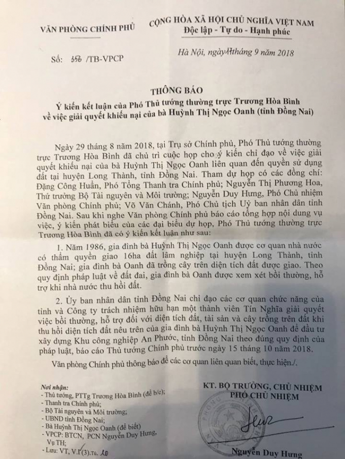 Văn bản chỉ đạo của Văn phòng Chính phủ đề nghị UBND tỉnh Đồng Nai thực hiện việc báo cáo kết quả thực hiện đối với việc bồi thường, hỗ trợ cho bà Oanh.