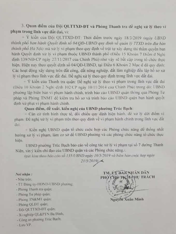 Văn bản báo cáo mới nhất đề ngày 24/5/2019 do đích danh mình ký gửi UBND quận Ba Đình.