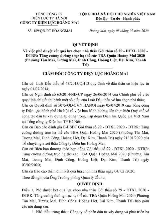 Quyết định phê duyệt KQLCNT Số 189/QĐ-PCHOANGMAI do Giám đốc Nghiêm Xuân Dục ký ngày 05/02/2020