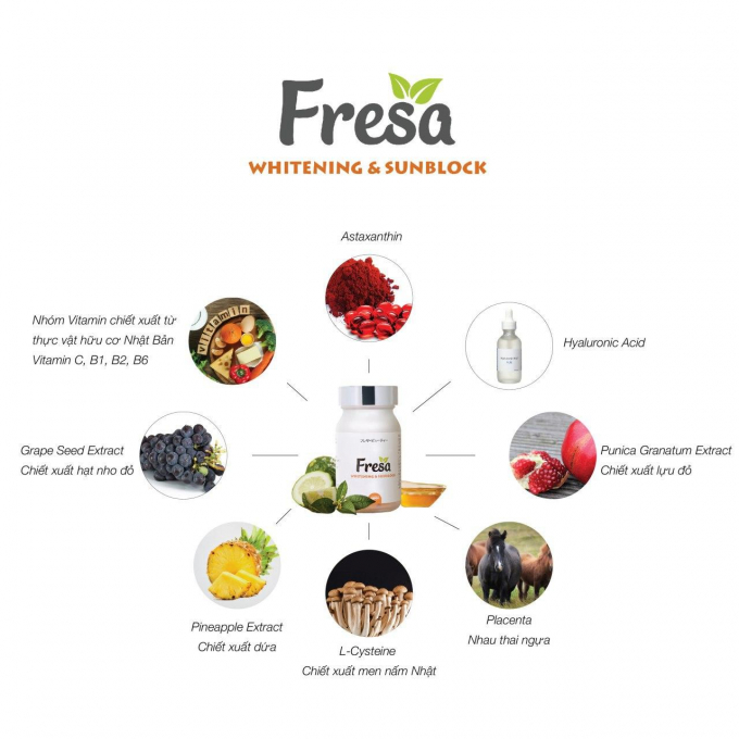 Tổ hợp các thành phần thiên nhiên có trong thực phẩm BVSK Fresa Whitening &amp;amp; Sunblock.