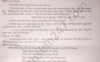 Đáp án đề thi môn Văn vào lớp 10 tỉnh Yên Bái năm 2020