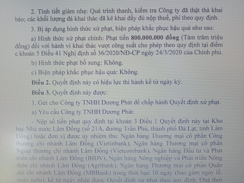 Công ty TNHH Dương Phát ở Đà Lạt, Lâm Đồng bị xử phạt đến 800 triệu đồng về hành vi khai thác đá nguyên khối vượt công suất cấp phép trong nhiều năm. Ảnh: P.V