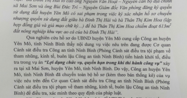 Vụ giả mạo chữ ký: Công an huyện Yên Mô chuyển hồ sơ sang Công an tỉnh Ninh Bình để điều tra