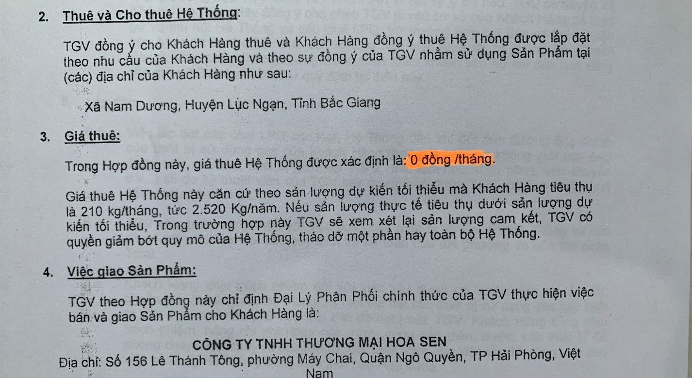 Công ty TNHH Hoa Sen khẳng định, hệ thống gas tại HTX Mỳ Chũ Xuân Trường là do Công ty kí hợp đồng cho thuê với giá 0 đồng.