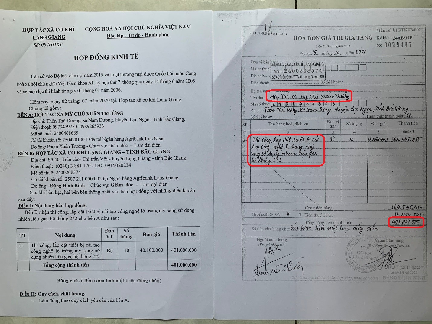 Ông Đặng Đình Bình, Giám đốc HTX Cơ khí Lạng Giang thừa nhận, không được thi công hệ thống tráng mỳ bằng gas nhưng vẫn xuất hóa đơn cho HTX Xuân Trường.