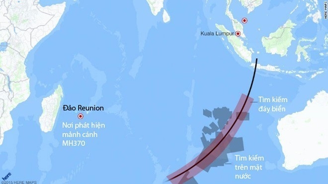 MH370 co the da bi dieu khien de dam xuong bien hinh anh 3Vị tr&iacute; t&igrave;m thấy mảnh vỡ của m&aacute;y bay v&agrave; khu vực t&igrave;m kiếm gần Australia. Đồ họa:&nbsp;CNN &nbsp;&nbsp;