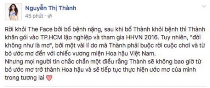 D&ograve;ng trạng th&aacute;i tr&ecirc;n trang c&aacute; nh&acirc;n facebook của Nguyễn Thị Th&agrave;nh.