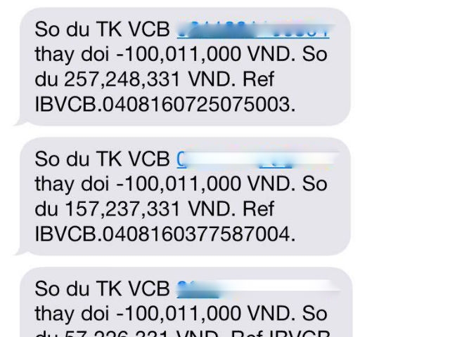Vietcombank gửi tin nhắn về thay đổi số dư t&agrave;i khoản của chị Hương với 4&nbsp;lần giao dịch qua thẻ, 3&nbsp;lần giao dịch qua InternetBanking m&agrave; kh&ocirc;ng c&oacute; m&atilde; OTP.