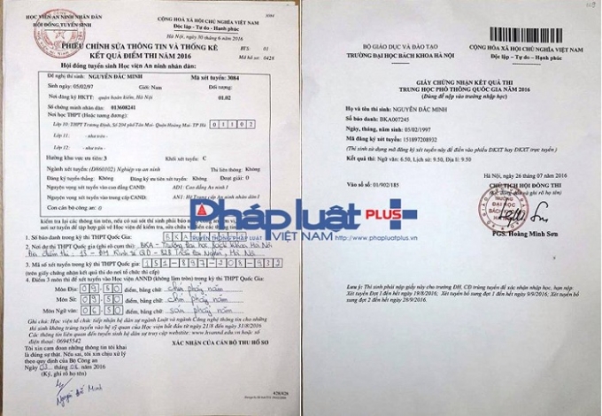 Phiếu thống k&ecirc; điểm v&agrave; giấy chứng nhận kết quả thi của em Nguyễn Đắc Minh.