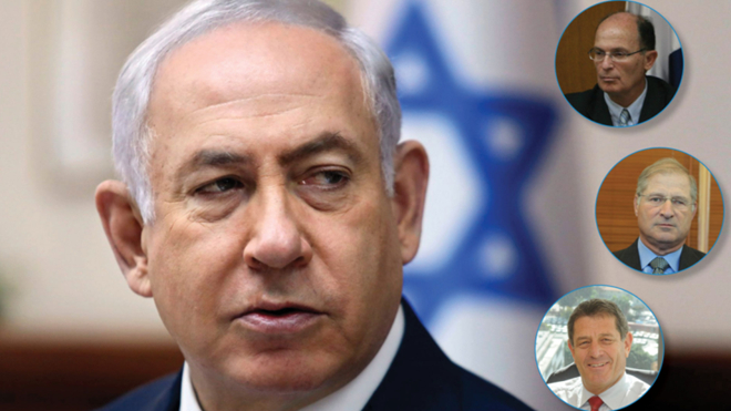 Thủ tướng Benjamin Netanyahu v&agrave; Avriel Bar Yosef (ảnh nhỏ tr&ecirc;n c&ugrave;ng), David Shimron (giữa) v&agrave; Michael Ganor (cuối)