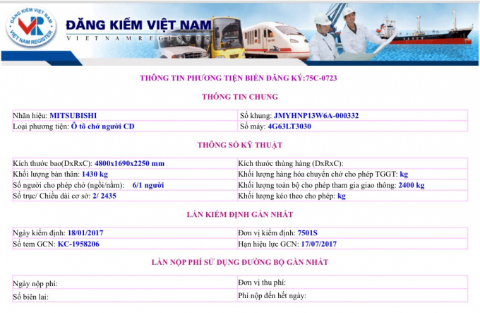 Th&ocirc;ng tin tr&ecirc;n website&nbsp;&nbsp;của Cục Đăng kiểm Việt Nam về chiếc xe 75C- 0723.