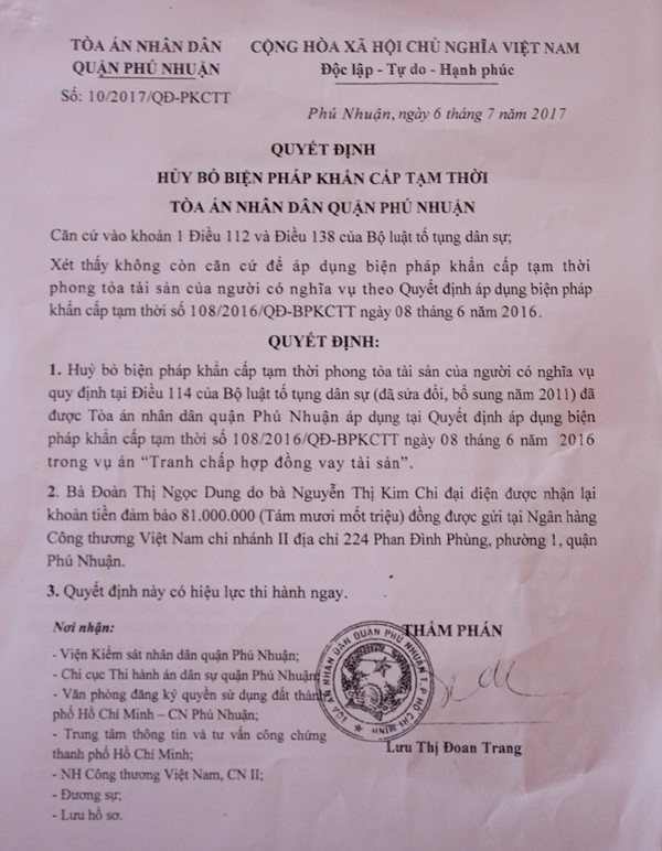 Quyết định số 10/2017/QĐ-PKCTT hủy bỏ biện ph&aacute;p khẩn cấp tạm thời của TAND quận Ph&uacute; Nhuận.