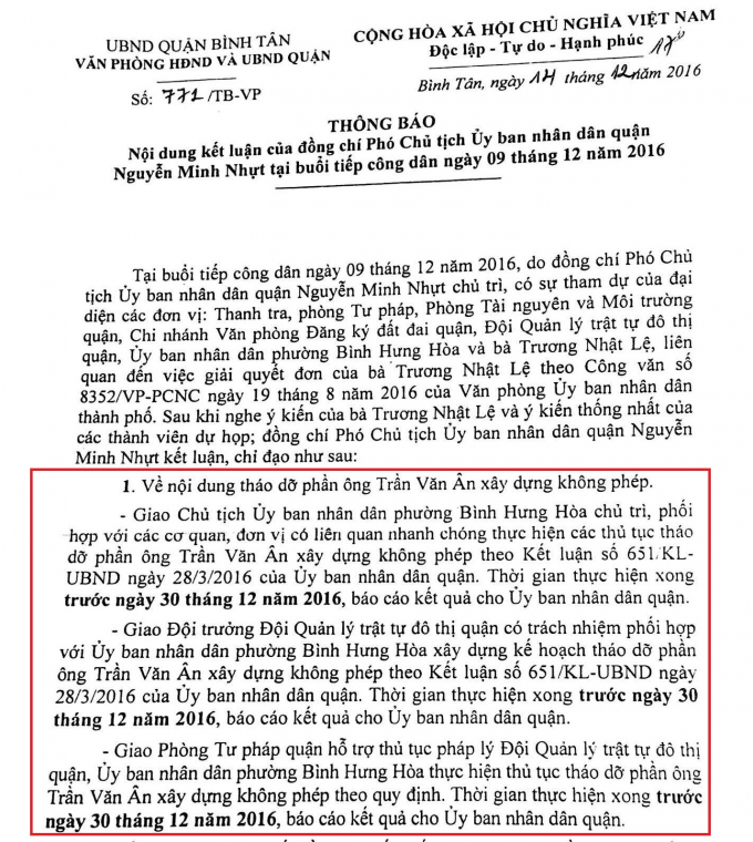 Th&ocirc;ng b&aacute;o số 771/TB-VP của UBND quận B&igrave;nh T&acirc;n.