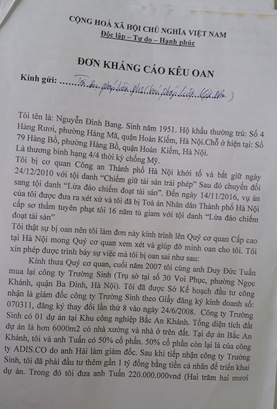 Đơn k&ecirc;u cứu của &ocirc;ng Nguyễn Đ&igrave;nh Bang.