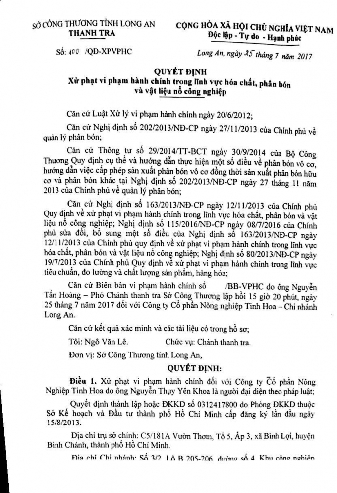 Quyết định số 100/QĐ-XPVPHC của Thanh tra Sở C&ocirc;ng thương tỉnh Long An.
